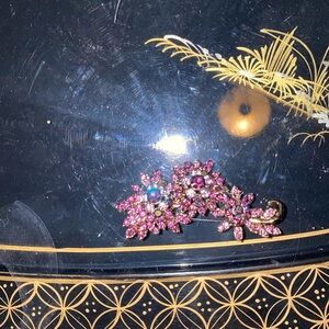 Huge Pink Rhinestone Signed JANUS Brooch Pin Floral Spray Designer Signed